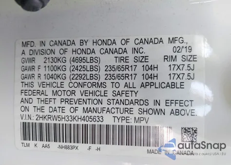 2019 Honda Cr-V Lx z USA, uszkodzony, nr VIN 2HKRW5H33KH405633